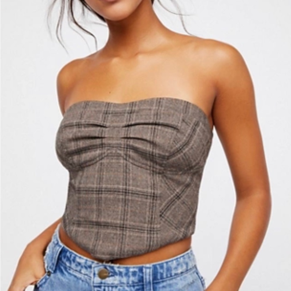 FREE PEOPLE Womens Black Brown Crop Top Slim Vest Strapless perfect with blazer